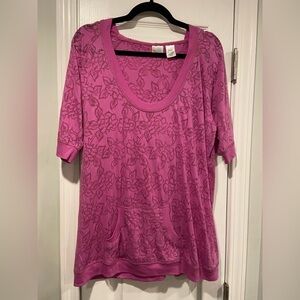 Bold Spirit Size XL Pink Semi Sheer Rose Floral Short Sleeve Pullover Hoodie Top